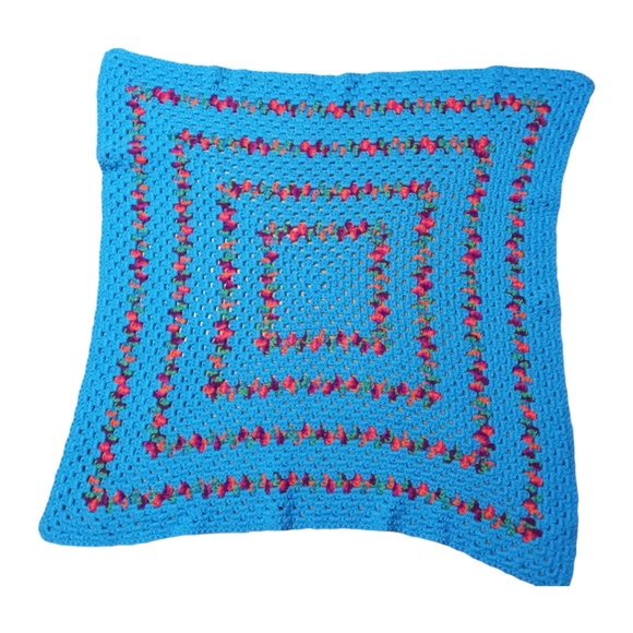 Vintage Handmade Granny Square  Blue Red Pink Crochet Afghan Throw Blanket - Picture 3 of 6